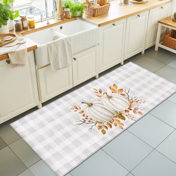 Thanksgiving Fall Washable Runner Rugs 2'x6', Rustic White Pumpkin Berry Leaves Gray Gingham Washable Runner Rug Non-Slip Sturdy Edge Binding Carpet for Bedside Hallway Runner Kitchen Galley