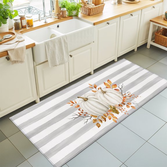Thanksgiving Fall Washable Runner Rugs 2'x6', Rustic White Pumpkin Berry Leaves Gray Stripe Washable Runner Rug Non-Slip Sturdy Edge Binding Carpet for Bedside Hallway Runner Kitchen Galley