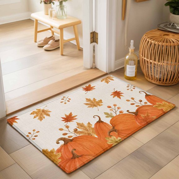 Thanksgiving Fall Washable Small Entryway Area Rugs 2'x3', Harvest Orange Pumpkin Amber Leaf Linen Texture Washable Throw Rug Non-Slip Sturdy Edge Binding Carpet for Front Door Floor Room Entry