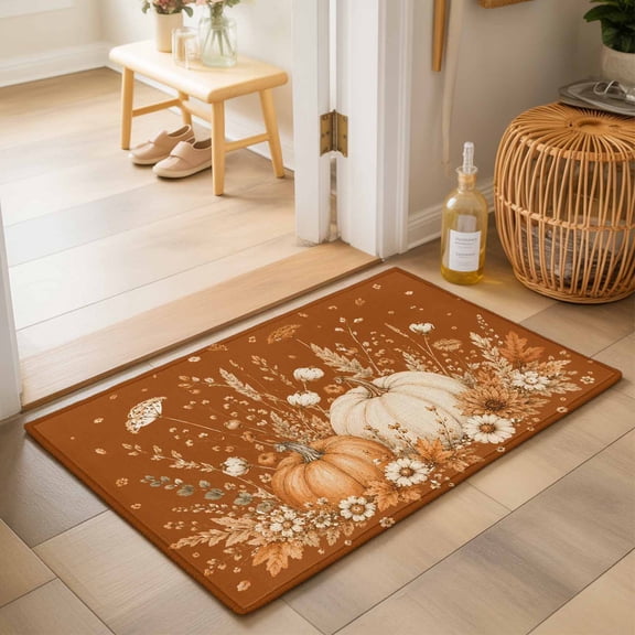 Thanksgiving Fall Washable Small Entryway Area Rugs 2'x3', Rustic Farmhouse Beige Pumpkin Wheat Terracotta Washable Throw Rug Non-Slip Sturdy Edge Binding Carpet for Front Door Floor Room Entry