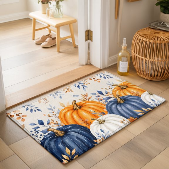 Thanksgiving Fall Washable Small Entryway Area Rugs 2'x3', Rustic Farmhouse Orange Navy Pumpkin Linen Texture Washable Throw Rug Non-Slip Sturdy Edge Binding Carpet for Front Door Floor Room Entry