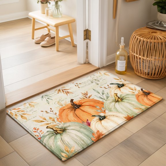 Thanksgiving Fall Washable Small Entryway Area Rugs 2'x3', Rustic Farmhouse Orange Pumpkin Leaf Paper Texture Washable Throw Rug Non-Slip Sturdy Edge Binding Carpet for Front Door Floor Room Entry