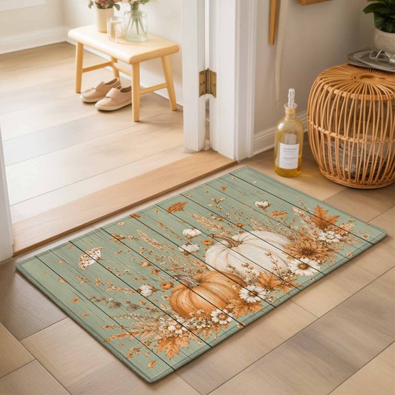 Thanksgiving Fall Washable Small Entryway Area Rugs 2'x3', Rustic Farmhouse Pumpkin Wheat Green Wood Grain Washable Throw Rug Non-Slip Sturdy Edge Binding Carpet for Front Door Floor Room Entry