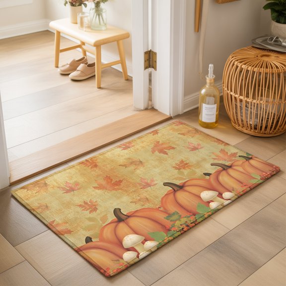 Thanksgiving Fall Washable Small Entryway Area Rugs 2'x3', Rustic Ochre Pumpkin Maple Leaf Linen Texture Washable Throw Rug Non-Slip Sturdy Edge Binding Carpet for Front Door Floor Room Entry