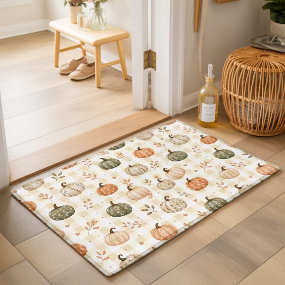 Thanksgiving Fall Washable Small Entryway Area Rugs 2'x3', Rustic Orange Beige Green Pumpkin Gingham Washable Throw Rug Non-Slip Sturdy Edge Binding Carpet for Front Door Floor Room Entry