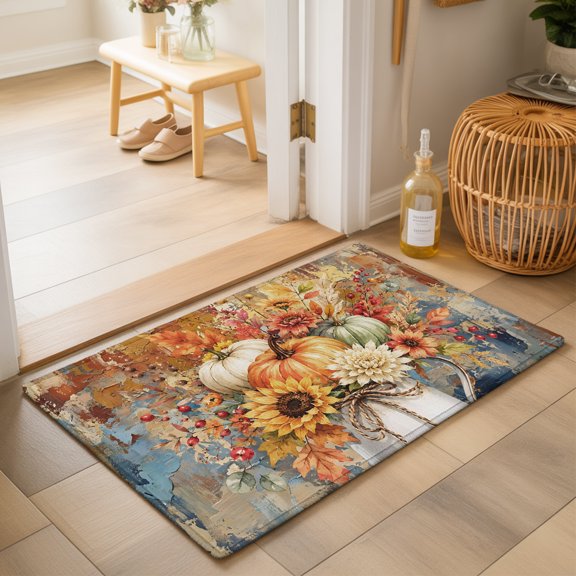 Thanksgiving Fall Washable Small Entryway Area Rugs 2'x3', Rustic Orange Pumpkin Pitcher Oil Painting Washable Throw Rug Non-Slip Sturdy Edge Binding Carpet for Front Door Floor Room Entry