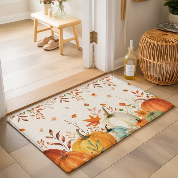 Thanksgiving Fall Washable Small Entryway Area Rugs 2'x3', Rustic Orange White Pumpkin Leaf Linen Texture Washable Throw Rug Non-Slip Sturdy Edge Binding Carpet for Front Door Floor Room Entry