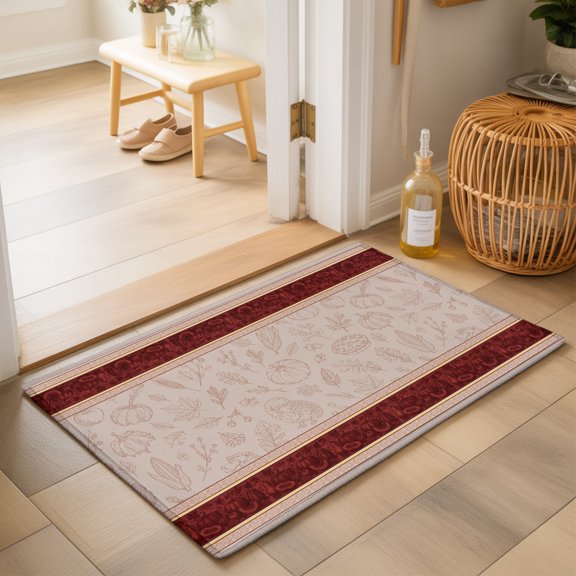 Thanksgiving Fall Washable Small Entryway Area Rugs 2'x3', Rustic Pumpkin Turkey Leave Red Floral Border Washable Throw Rug Non-Slip Sturdy Edge Binding Carpet for Front Door Floor Room Entry