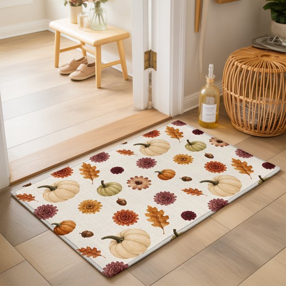 Thanksgiving Fall Washable Small Entryway Area Rugs 2'x3', Rustic White Orange Pumpkins Oak Leaves Cream Washable Throw Rug Non-Slip Sturdy Edge Binding Carpet for Front Door Floor Room Entry
