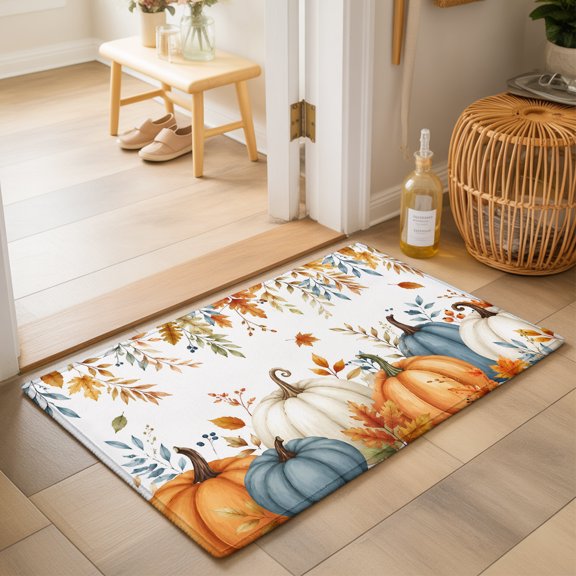 Thanksgiving Fall Washable Small Entryway Area Rugs 2'x3', Teal Cream Pumpkin Maple Leaf Rustic Countryside Washable Throw Rug Non-Slip Sturdy Edge Binding Carpet for Front Door Floor Room Entry