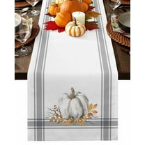 Thanksgiving Fall White Pumpkin Table Runner-36 Inch Long Retro Grey Lines Table Runners Linen Burlap Tablerunner for Kitchen Dining Room Holiday Party