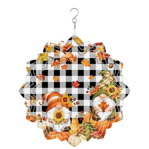 Thanksgiving Fall Wind Spinner for Garden Yard 8In, Gnomes Maple Leaf Pumpkins Squirrel Black Plaid 3D Stainless Steel Kinetic Hanging Wind Spinners Rustproof Outdoor Decor for Lawn Patio Home