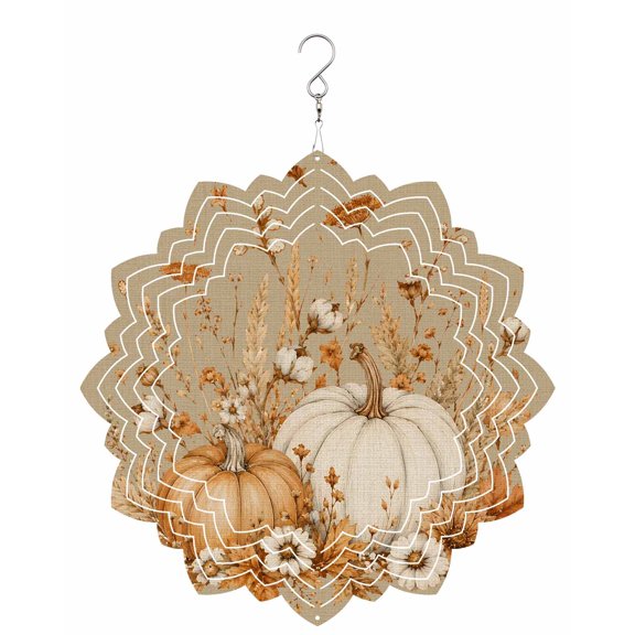 Thanksgiving Fall Wind Spinner for Garden Yard 8In, Rustic Farmhouse Beige Pumpkin Wheat Linen Texture 3D Stainless Steel Kinetic Hanging Wind Spinners Rustproof Outdoor Decor for Lawn Patio Home