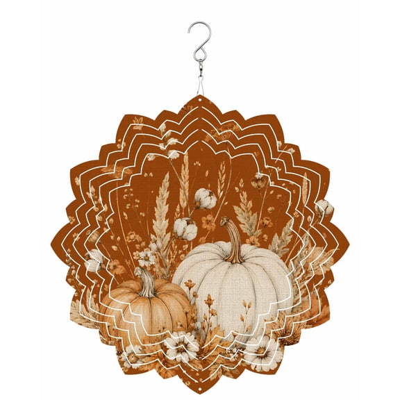 Thanksgiving Fall Wind Spinner for Garden Yard 8In, Rustic Farmhouse Beige Pumpkin Wheat Terracotta 3D Stainless Steel Kinetic Hanging Wind Spinners Rustproof Outdoor Decor for Lawn Patio Home
