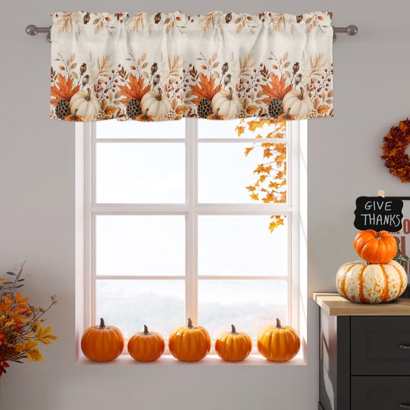 Thanksgiving Fall Window Valance for Kitchen, Rustic Orange Pumpkin Border of Maple Leaves Rod Pocket Short Curtains for Bathroom Bedroom Small Window, Light Filtering Decorative Valances, 42x18 Inch