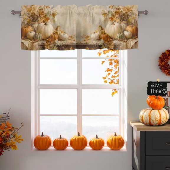 Thanksgiving Fall Window Valance for Kitchen, Rustic White Orange Pumpkin Leaf Ceramic Pot Rod Pocket Short Curtains for Bathroom Bedroom Small Window, Light Filtering Decorative Valances, 42x12 Inch