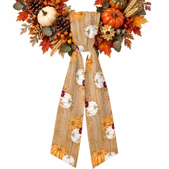 Thanksgiving Fall Wreath Sash for Front Door 4.5"x56", Rustic Orange White Pumpkin Maple Wood Grain Double-Sided Bow Ribbon Decor for Wreaths, Stair Railings, Fireplace Mantel