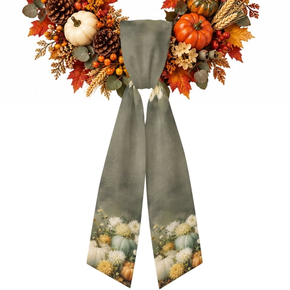 Thanksgiving Fall Wreath Sash for Front Door Mint Green Beige Pumpkin Chrysanthemum Flower Ribbon Sash, Autumn Wreath Accessories for Yard Porch Doorway Decor , Indoor Outdoor, 4.9 x 56 Inches