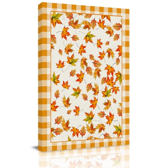 Thanksgiving Fallen Canvas Wall Art for Living Room, Maple Leaf Vintage Linen Orange Plaid Poster Print Painting for Bedroom Office Home Decoration Wall Pictures Prepare To Hang 16"x16"