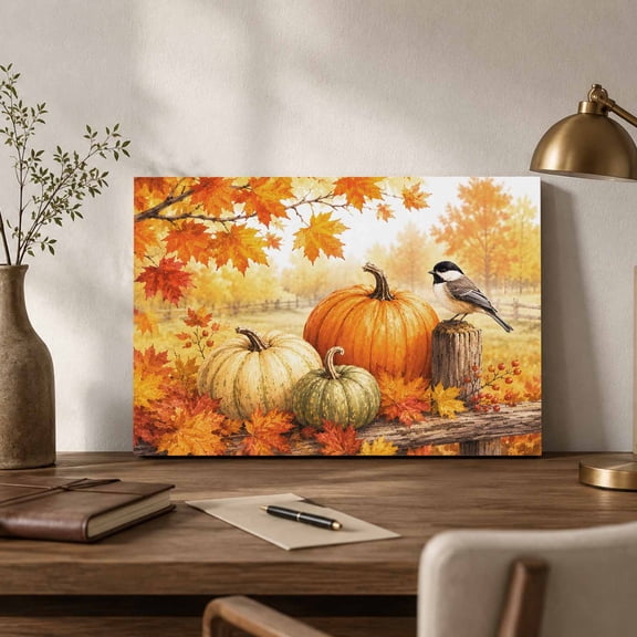 Thanksgiving Farm Canvas Wall Art, Fall Harvest Orange Pumpkins Red Maple Leaf Bird Wall Art Prints Artwork Framed Canvas Ready to Hang Art Pictures for Bathroom Nightstand, Narrow Hallway 14" x 11"