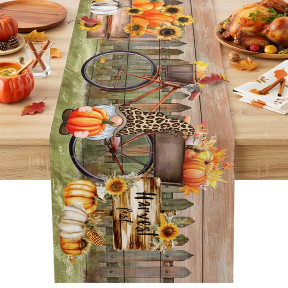 Thanksgiving Farm Cotton Linen Table Runner Orange Pumpkin Sunflower Gnome Welcome Dining Table Runners for Home Decor Party Dining Room Restaurant Kitchen Party 13" x 36"