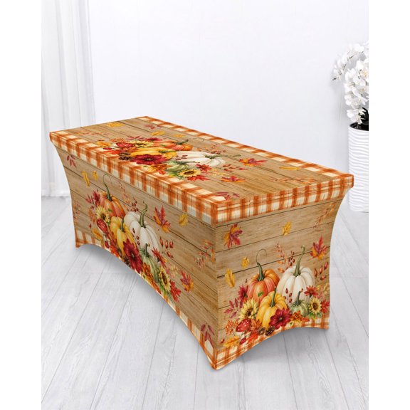 Thanksgiving Farm Spandex Tablecloth 4ft Fall Pumpkins Sunflowers Maple Leaf Orange Plaid Elastic Fitted Cloth for Rectangle Table Washable Wrinkle Proof Stretch Table Cover for Autumn Party Banquet