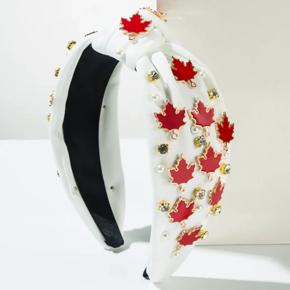 Thanksgiving Fashion Inlaid Rhinestone Alloy Maple Leaf Turkey Headband Trendy Party Hair Accessories (Red Maple Leaf)