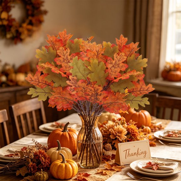 Thanksgiving Faux Maple Branches, 2Pcs Green Plastic Artificial Foliage, Compact Leaf Stems for FarmHome Mantel Arrangement