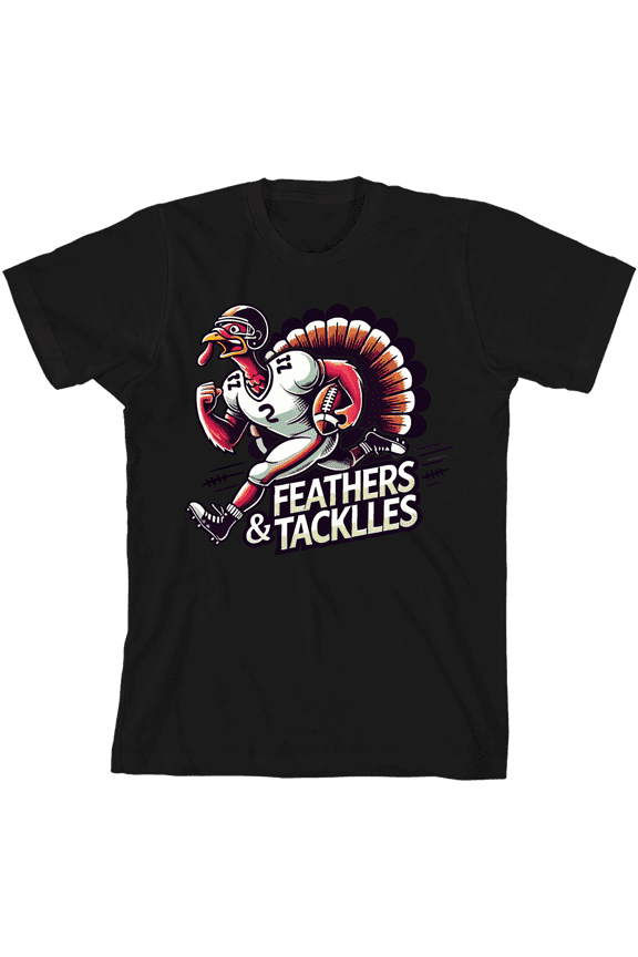 Thanksgiving Feathers & Tackles Turkey Football Player Adult Black Crew Neck Short Sleeve Tee-Large