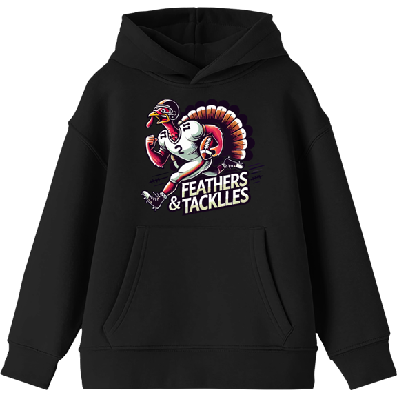 Thanksgiving Feathers & Tackles Turkey Football Player Adult Black Long Sleeve Hoodie-Small