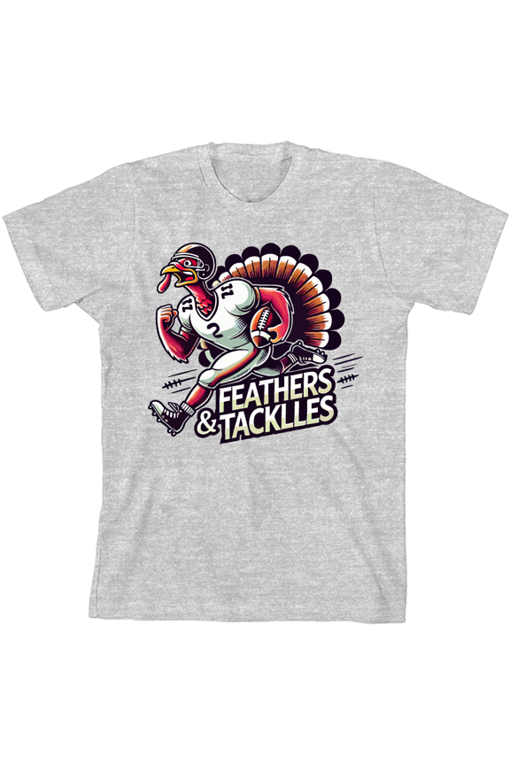 Thanksgiving Feathers & Tackles Turkey Football Player Adult Heather Gray Crew Neck Short Sleeve Tee-Medium