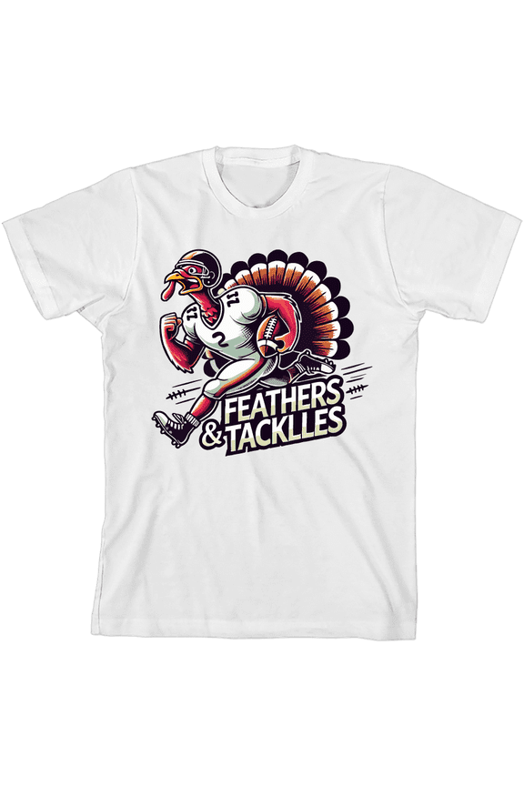 Thanksgiving Feathers & Tackles Turkey Football Player Adult White Crew Neck Short Sleeve Tee-Large