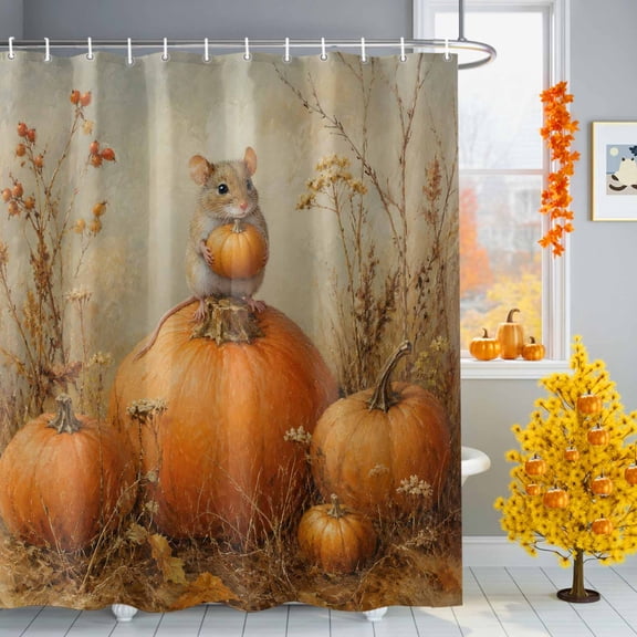 Thanksgiving Field Mouse Shower Curtain for Bathroom, Fall Rustic Farm Orange Pumpkin Leaf Berry Waterproof Machine Washable Shower Curtain Set with Hooks, Bath Decoration for Home Bathtub 54"x78"
