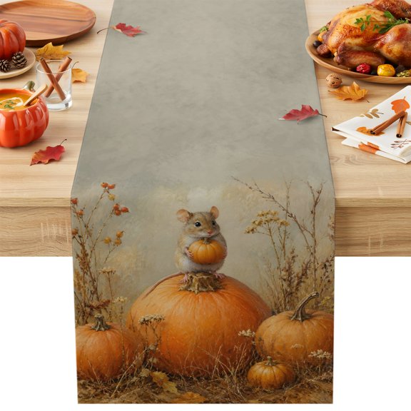 Thanksgiving Field Mouse Table Runner 13x48 Inch Fall Rustic Farm Orange Pumpkin Leaf Berry Cotton Linen Dining Table Runner Ideal for Dresser Kitchen Coffee Tables - Machine Washable