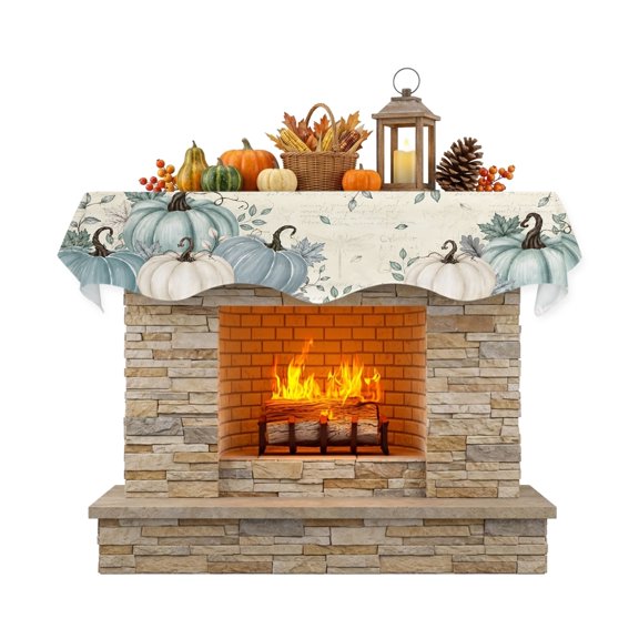 Thanksgiving Fireplace Mantle Scarf Fall Blue Pumpkin Sage Green Leaf Beige Script Base Mantel Cover Runner Fireplace Cloth for Holiday Party Home Living Room Decor 60 x 17 Inch