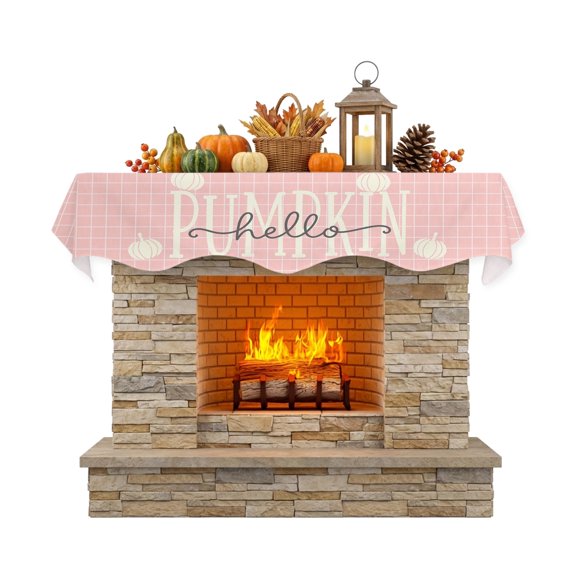Thanksgiving Fireplace Mantle Scarf Happy Pumpkin Script Plaid Background Soft Pink Mantel Cover Runner Fireplace Cloth for Holiday Party Home Living Room Decor 60 x 17 Inch