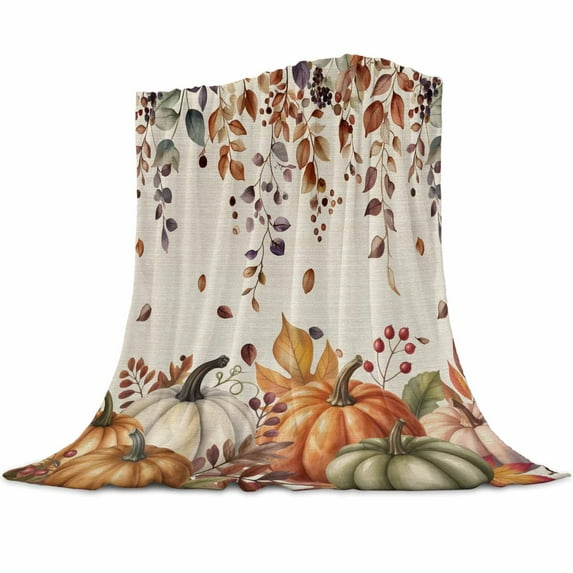 Thanksgiving Flannel Blanket for Bed,Travel and Camping, Pumpkin Leaves Watercolor Vintage Linen Texture Super Soft Cozy Blanket for All Seasons 30"x40"