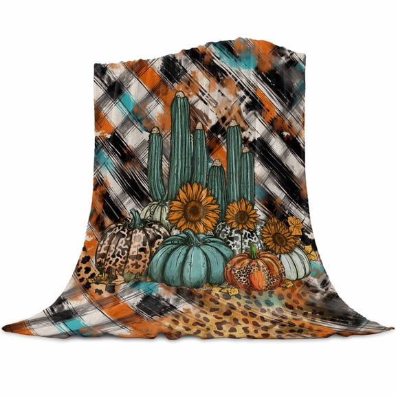 Thanksgiving Flannel Blanket for Bed,Travel and Camping, Western Pumpkin Cactus Sunflower Plaid Texture Super Soft Cozy Blanket for All Seasons 50"x60"