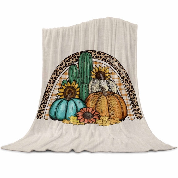 Thanksgiving Flannel Blanket for Bed,Travel and Camping, Western Pumpkin Sunflower Cactus Linen Texture Super Soft Cozy Blanket for All Seasons 40"x50"