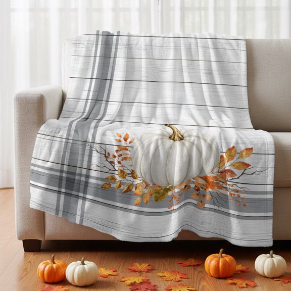 Thanksgiving Fleece Blanket, Rustic Fall White Pumpkin Leaf Plaid Line Wood Grain Ultra Soft Warm Throw Blanket Lightweight Plush Bed Blanket, Fall Decor Throws for Couch Bed Sofa, 30x40 inches