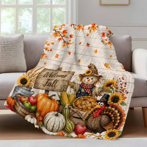 Thanksgiving Fleece Throw Blanket for Couch, Fall Harvest Pumpkins Maple Leaves Wood Microfiber Flannel Blanket for All Season, Lightweight Soft Throw Blankets for Gifts, Home Decor, 32"x47"