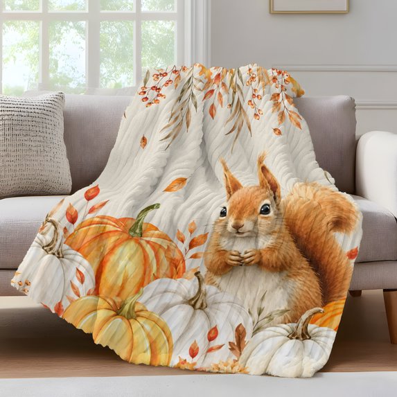 Thanksgiving Fleece Throw Blanket for Couch, Fall Pumpkin Animals Maple Leaf Botanical Rustic Microfiber Flannel Blanket, Lightweight Soft Throw Blankets for Women, Girls, Adults, 50"x80"