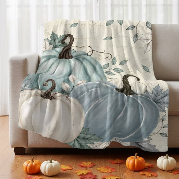 Thanksgiving Fleece Throw Blanket Fall Blue Pumpkin Sage Green Leaf Beige Script Base Ultra Soft Fuzzy Cozy Flannel Throw Blanket for Couch Sofa Bed Car Travel, Ideal Gifts 40x50 Inches