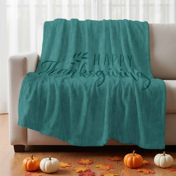 Thanksgiving Fleece Throw Blanket Happy Thanksgiving Script Dark Green Backdrop Pumpkin Ultra Soft Fuzzy Cozy Flannel Throw Blanket for Couch Sofa Bed Car Travel, Ideal Gifts 40x50 Inches