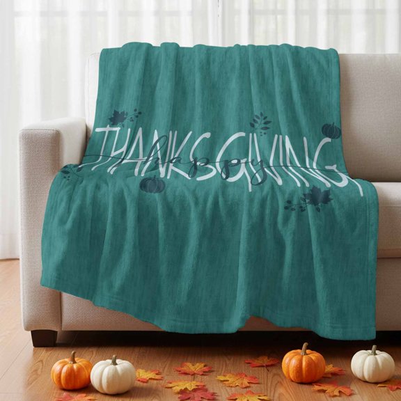 Thanksgiving Fleece Throw Blanket Happy Thanksgiving Script Green Backdrop Pumpkin Leaf Ultra Soft Fuzzy Cozy Flannel Throw Blanket for Couch Sofa Bed Car Travel, Ideal Gifts 40x50 Inches