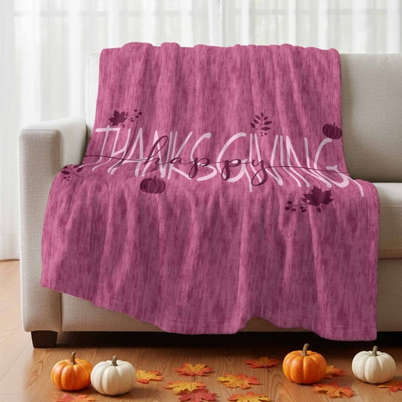 Thanksgiving Fleece Throw Blanket Happy Thanksgiving Script Plum Wine Backdrop Pumpkin Ultra Soft Fuzzy Cozy Flannel Throw Blanket for Couch Sofa Bed Car Travel, Ideal Gifts 50x60 Inches