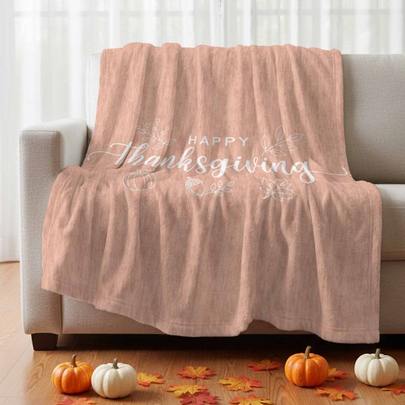 Thanksgiving Fleece Throw Blanket Happy Thanksgiving Script Tan Backdrop Pumpkin Leaf Ultra Soft Fuzzy Cozy Flannel Throw Blanket for Couch Sofa Bed Car Travel, Ideal Gifts 40x60 Inches