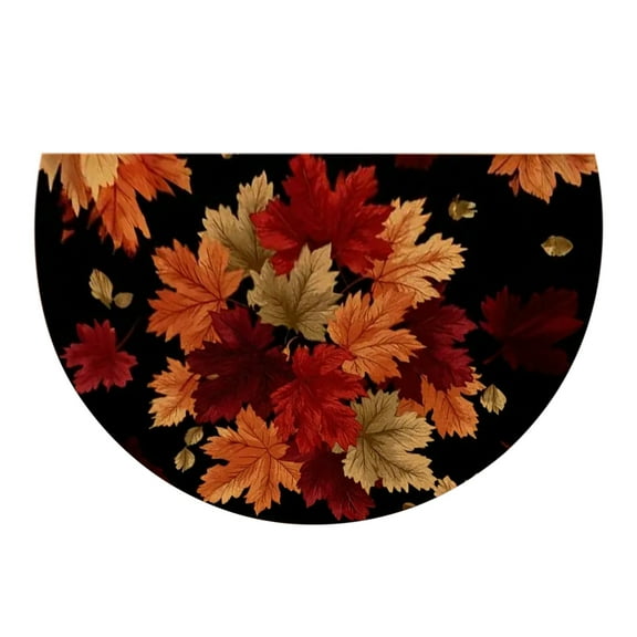 Thanksgiving Floor Mat 23.62x15.75in, Semicircle Door Mat with Maple Leaf Pumpkin Design, Polyester Non-Slip Entrance Porch Rug
