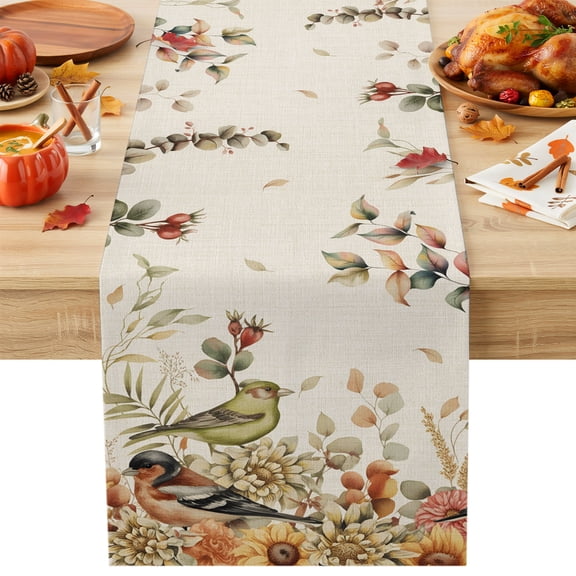 Thanksgiving Flower Bird Cotton Linen Table Runner Autumn Country Red Green Bird Floral Leaf Linen Dining Table Runners for Home Decor Party Dining Room Restaurant Kitchen Party 13" x 36"