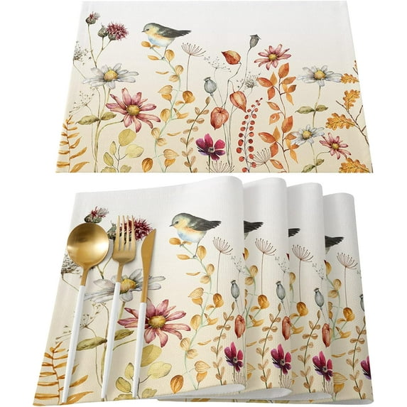 Thanksgiving Flower Floral Placemats Set of 4 Fall Plant Leaves Placemat,Washable Autumn Farmhouse Table Mats Set,Thanksgiving Bird Table Placemats for Kitchen Dining Table Harvest Holiday Party Decor